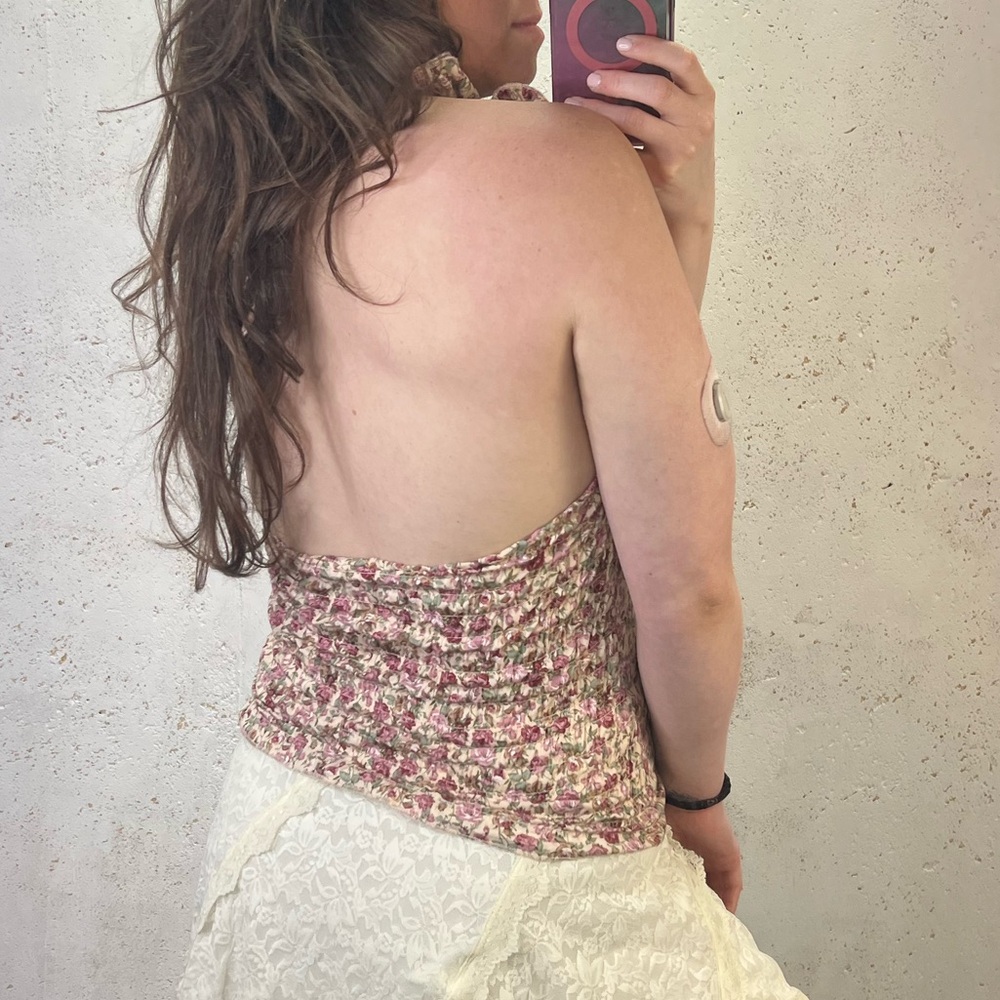 Y2K 2000s Poetry Floral Halter Top with Pink and Green Ditsy Floral Print Small - Picture 2 of 10